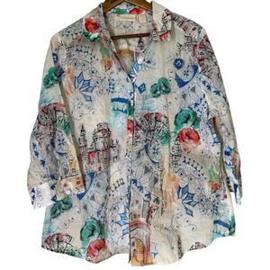 Chico's Gauzy Thin Asian Print Button Up Blouse Womens Sz 3/XL Artsy Abstract
